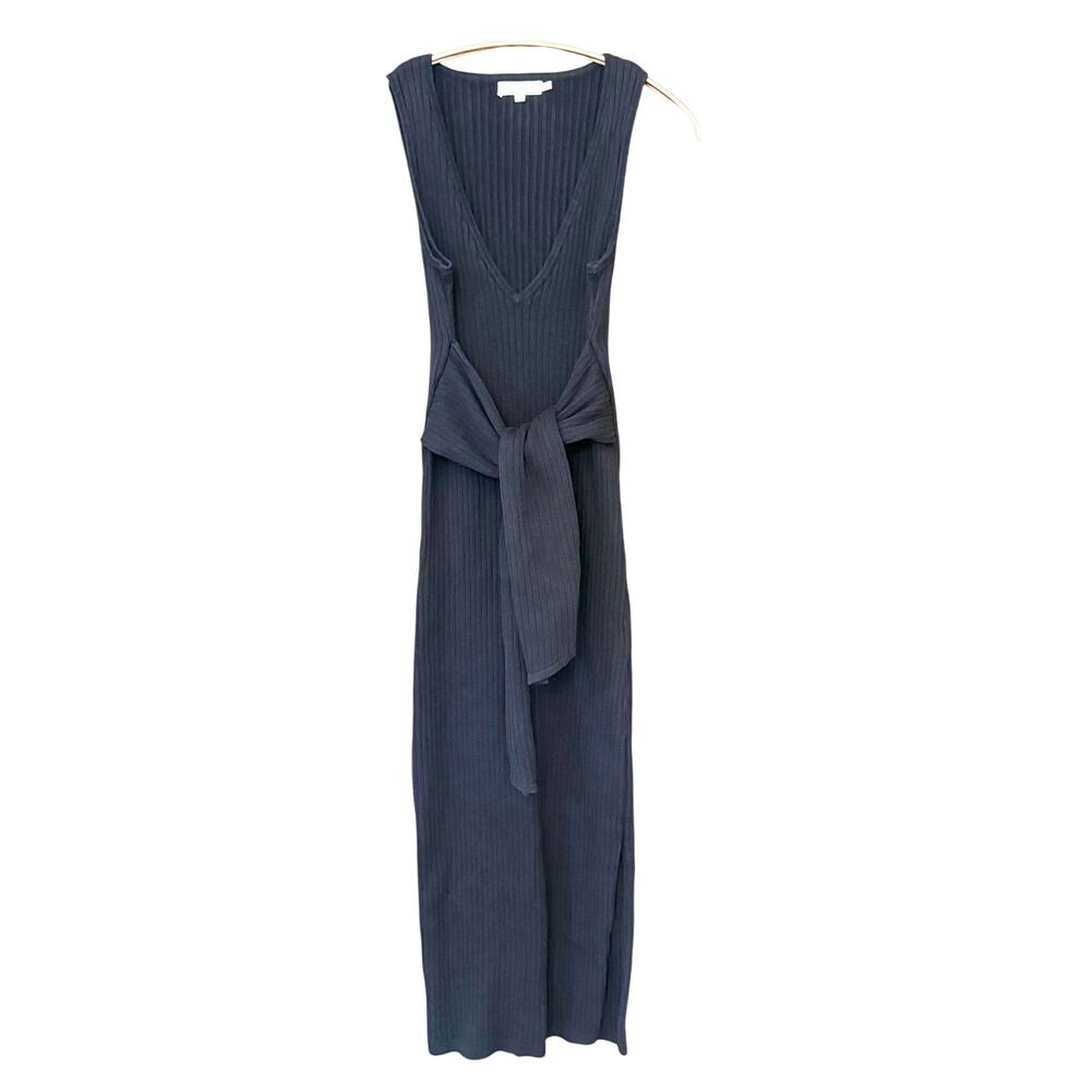 Good American Black Rib Knit Midi Dress Tie Waist Sleeveless Slit Size 0